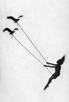 a drawing of a woman holding two birds on a string in the air with one bird flying behind her