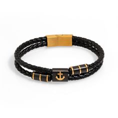 Elevate your style with this Gold Anchor Design Black Leather Men's Style Bracelet, featuring two premium black leather straps joined at the center by a high-quality gold-plated steel anchor symbol. The anchor represents strength, stability, and hope, making this bracelet not only a stylish accessory but also a meaningful one. Gold and black accent pieces enhance the bracelet’s unique design, adding a touch of sophistication. Perfect for both formal suits and casual outfits, this versatile piece effortlessly complements any wardrobe, offering a distinctive flair to your look. Details Black Leather Gold plated Stainless Steel  Bracelet size is 7. 5'' ( 19 cm ) Avoid contact with chemicals, makeup, parfume. Do not use dips or abrasive cleaners on bracelet. To clean and brighten it up your br Black Accent Pieces, Anchor Symbol, Anchor Design, Jewelry Bracelets Gold, The Anchor, Forever Jewelry, Formal Suits, Mens Jewelry Bracelet, Black Accents