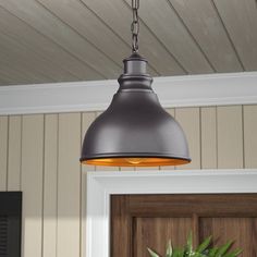 a potted plant sitting on top of a wooden table next to a light fixture