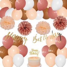 a birthday cake surrounded by balloons and flowers on a white background with the words happy birthday written in gold