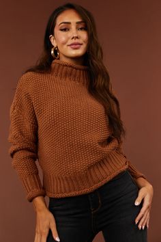 She+Sky Cognac Mock Neck Rolled Hem Chunky Sweater | Lime Lush Lime Lush, Crochet Clothing, Fall Clothes, Family Fashion, Rolled Hem, Chunky Sweater, Squirrels, Royal Fashion, Crochet Clothes