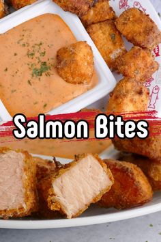 salmon bites with dipping sauce on the side