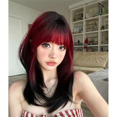 Slanted Bangs Hair, Dark Red Hair Dark Roots, Hair Color Gradient, Red And Dark Red Hair, Coloured Hair With Bangs, Dyed Hair On Curly Hair, Black Hair With Dark Red Underneath, Dark Brown Hair With Red Tips, Gradient Red Hair