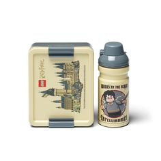 thermos and lunch box are both designed to look like an old cartoon character