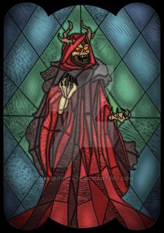 a stained glass window with a demon holding a skull in it's arms and wearing a red cape