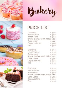 the bakery price list for cakes and cupcakes