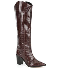 From Schutz&#x2C; the Analeah Croco Print Leather Tall Boots feature:Croco print leather upperPull-on closureSynthetic liningLeather outsoleApprox. 16.14" boot shaft heightApprox. 14.17" boot shaft circumferenceApprox. 3.35" block heelImported. Leather Boots With Crocodile Pattern For Formal Occasions, Leather Boots With Crocodile Pattern For Work, Leather Crocodile Pattern Boots For Work, Brown Leather Boots With Crocodile Pattern, Schutz Maryana Croc Embossed Leather Knee High Boot, Schutz Brown Boots, Tall Brown Alligator Boots, Luxury Leather Western Knee-high Boots, Tall Western Boot