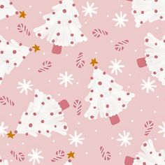 a pink background with christmas trees and candy canes