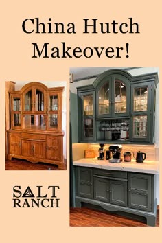 an advertisement for china hutch makeover with pictures of kitchen cabinets and counter tops