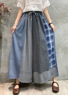 Vintage Grey Pockets Patchwork Denim Wide Leg Pants FallFabric: Denim FabricSize & Fit: This garment fits true to size.Length: Size 5XL measures 31.98"from waist to hem.Waist:Fitted - elastic waist allows stretch Hip: Loosely Fitted. room for hips. Hand Wash Cold. Goblincore Aesthetic Outfits, Plus Size Culottes, Mori Kei Fashion, Styling Wide Leg Pants, Wide Leg Pants Jeans, Kei Fashion, Artsy Style, Denim Patchwork, Loose Pants