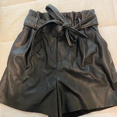 Nwot Zara Leather Paper Bag Shorts Size Xs Chic Leather Shorts For Night Out, Chic Going Out Shorts With Belt Loops, Chic Faux Leather Shorts With Belt Loops, Black Leather Shorts For Fall, Casual Black Leather Shorts, Chic Leather Shorts With Pockets, Chic High Waist Leather Shorts, Chic High-waist Leather Shorts, Chic Leather Shorts For Going Out