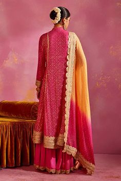 Rani pink georgette kurta with mukaish and lace embroidery. Comes with sharara and a saffron dupatta. - Aza Fashions Collar Kurta, Georgette Kurta, Kurta Sharara Set, Kurta Sharara, Rani Pink, Sharara Set, Blue Outfit, Band Collar, Lace Embroidery