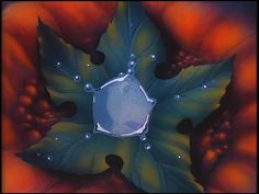 an abstract painting with leaves and water droplets on it's petals, as well as the center part of a leaf