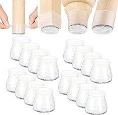 a set of 12 clear plastic wine glasses with wooden handles and matching sleeves, each filled with liquid