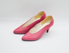 "Elevate your feminine charm with our vintage Leather Pumps in Pink by Kalvi, a delightful blend of sophistication and style. These pointy toe kitten heel shoes for women are expertly crafted in England, showcasing exquisite craftsmanship and attention to detail. The soft pink hue adds a touch of elegance to any ensemble, while the sleek pointy toe silhouette exudes timeless appeal. Crafted with a man-made lining for comfort and durability, they offer a luxurious feel with every step. The resin rubber sole provides traction and stability, ensuring confidence with every stride. Whether paired with a dress for a formal occasion or jeans for a casual outing, these Kalvi pumps are sure to make a statement with their impeccable design and feminine allure. Brand: Kalvi | Made in England. Conditi Kitten Heel Shoes, Leather Pumps, Women's Pumps, Vintage Leather, Pump Shoes, Kitten Heels, Shoes Heels, Womens Sizes, Pumps