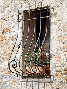 a window with iron bars and flower pots