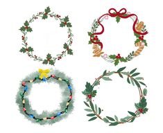 four christmas wreaths with ribbons and bows