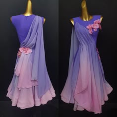 two pictures of the same dress on mannequins, one in purple and pink