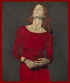 a painting of a woman in a red dress with her hands on her stomach and eyes closed