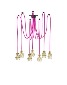 a pink chandelier with five lights hanging from it's sides and four lamps in the middle