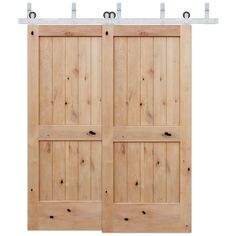 two wooden doors with metal handles on each side