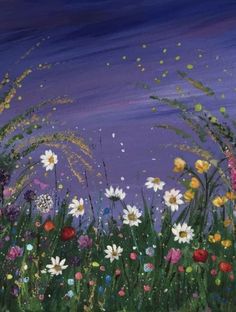 an oil painting of flowers and grass in front of a purple sky with white daisies