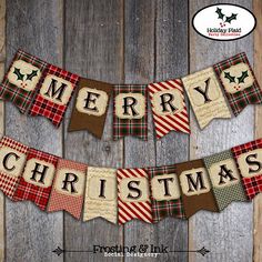 merry christmas banner hanging on a wooden wall with plaid ribbon and star decorations in the middle