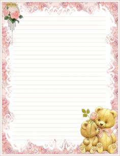 a teddy bear holding a rose on top of a pink border with an empty paper