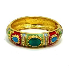 Vintage 80's Gold Tone Ornate Multi Colour Enamel Hinged Cuff Bangle Bracelet Pearlescent pastel colours with some deep red. Clear green glass cabochons are set as the main focal point on both side that have a slight rolling cats eye effect. Diameter: 2.39 inches Circumference: 7.5 inches Width: Graduates from 15 mm to 18 mm on each side  This is a vintage item, it has been cleaned, inspected and found to be in very good condition. Comes in a gift box ideal for gift giving and storage. Item# BR0 Green Enamel Bangle, Retro Multicolor Bangle Jewelry, Vintage Multicolor Enamel Bangle, Vintage Multicolor Cabochon Bracelets, Vintage Multicolor Cuff Bracelet Bangle, Dope Jewelry Accessories, Dope Jewelry, Cuff Bangle Bracelet, Cats Eye