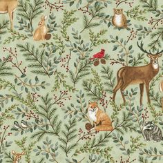 an animal themed wallpaper with deer, birds and other animals on green grounding