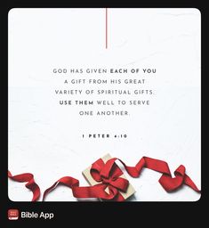 a red ribbon on top of a white box with a quote from the bible, god has given each of you a gift from his great variety of spiritual gifts