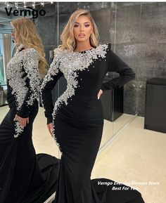 Verngo Long Sleeves Long Party Dress Luxury O Neck Sequined Mermaid Wedding Prom Gown Satin Evening Elegant Ball Dresses, Dresses With Crystals, Mermaid Gown Prom, Sewing Measurements, Long Party Dress, Classy Gowns, One Shoulder Prom Dress, Dress Luxury, Fancy Dresses Long