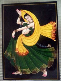 a painting of a woman in green and yellow dress dancing with her arms spread out