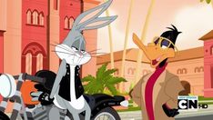 an animated character is standing next to a cat on a motorcycle in front of a building