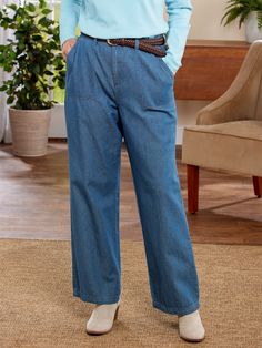 Finding a better fitting jean, shouldn't be a never-ending journey. These denim pants are specifically designed with wide legs for a relaxed, roomier fit. But the comfort doesn't stop there. They are fashioned from soft 100% cotton and have elastic along the back waist so they give when you sit or bend. Finished with a zip fly with metal button closure, front slash pockets, and belt loops. Easy-wearing mid-weight denim Wide-leg styling Flat-front elastic-back waist with belt loops Zip fly with button closure Front slash pockets Approx. 30" inseam 100% woven cotton Machine wash and dry Imported Exclusive to The Vermont Country Store Coordinating Cotton Denim Wide-Leg Shorts (#81791), sold separately | Women's Wide-Leg Cotton Denim Pants - Blue Denim - Large - The Vermont Country Store Classic Denim Wide Leg Pants With Pockets, Classic Wide Leg Denim Pants With Pockets, Denim Wide-leg Pants For Everyday, Everyday Wide-leg Denim Pants, Classic Wide-leg Denim Bottoms, Everyday Wide-leg Denim Bottoms, Classic Wide-leg Denim Pants, Everyday Full Length Denim Blue Pants, Everyday Denim Wide-leg Pants