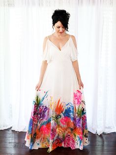 I love using mixed media techniques and applying them to clothing and wearables! One of my favorite ways to alter a plain white dress is ... Painted Wedding Dress, Busy Painting, Plain White Dress, White Chiffon Dress, Watercolor Floral Dress, Textile Paint, Chiffon White Dress, Hand Painted Dress, Dress Painting