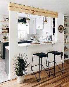 two stools in front of a kitchen counter with a potted plant on it