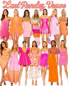 the models are all wearing different colored dresses