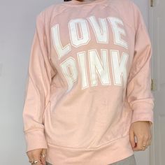 Size: Small Color: Pink And White Still Has Fleece/ Fuzzy Interior Never Worn! Oversized Fit Cozy Letter Print Tops For Spring, Cozy Oversized Tops With Letter Print, Pink Text Print Sweatshirt For Loungewear, Cozy Pink Top With Graphic Print, Cozy Pink Graphic Print Top, Cozy Pink Crew Neck Top, Secret Love, Pink Sweatshirt, Pink And White