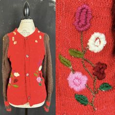 This is a nice hand embroidered Dirndl cardigan. The cardigan is made of wool/acrylic mix, the flowers are lovely and the metal buttons have an edelweiss flower on them. This has very narrow cuffs, suitable only for very slim wrists. MAKE: Most likely made in Austria. CONDITION: Good, the flowers have been embroidered using the embroidery padding and it is showing a bit, hence the low price. MATERIAL: Wool/acrylic mix, no labels. MEASUREMENTS NOTE: Please refer to the exact measurements and sizi Vintage Handmade Cardigan For Spring, Bohemian Fair Isle Sweater For Spring, Fitted Bohemian Cardigan With Floral Embroidery, Red Vintage Cardigan For Spring, Vintage Red Cardigan For Spring, Handmade Vintage Cardigan For Spring, Fitted Bohemian Embroidered Cardigan, Pink Embroidered Fitted Cardigan, Fitted Embroidered Pink Cardigan