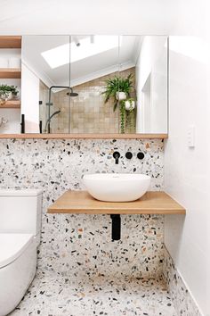 a bathroom with a sink, mirror and toilet in the corner next to shelves filled with potted plants