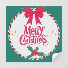 merry christmas sticker with red bow on green background