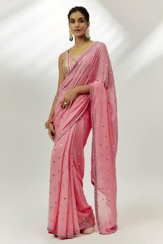 Pastel pink saree featuring mirror, gota and badla embroidered saree. Paired with a stripe pattern embroidered blouse. - Aza Fashions Eid Georgette Pre-draped Saree With Gota Work, Festive Saree With Mirror Work, Eid Cotton Silk Blouse Piece With Mirror Work, Festival Cotton Silk Blouse Piece With Mirror Work, Eid Saree Blouse Piece With Mirror Work, Bollywood Style Saree With Mirror Work For Diwali, Bollywood Pre-draped Saree With Mirror Work For Diwali, Diwali Saree With Gota Work, Festive Eid Pre-draped Saree With Mirror Work