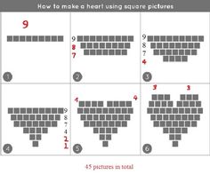 how to make a heart using square pictures in four different ways, including 4 pictures in total