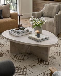 a living room with two couches and a coffee table in the middle of it