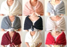 six different types of knitted shawls are shown in multiple colors and sizes, each with a bow at the neck