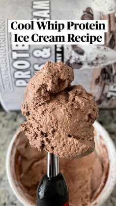 a scoop of ice cream in a blender with the words cool whip protein ice cream recipe