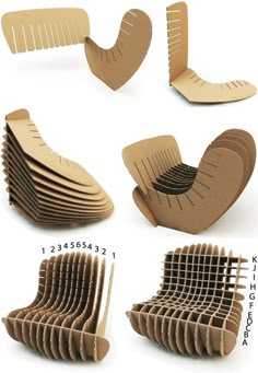 several different types of chairs made out of cardboard and some are cut into smaller pieces