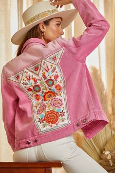 We are obsessed with this gorgeous embroidered denim jacket. This work of art features a collar, a button closure, chest pockets, long sleeves, a washed look and a embroidered back panel. It is a must have piece! Small Bust 40" Length 24" : Medium Bust 42" Length 24" Large Bust 44" Length 24" : 1X Bust 50" Length 26" 2X Bust 52" Length 26" : 3X Bust 54" Length 26" 1000% Cotton Hand wash cold Bohemian Denim Jacket With Floral Embroidery For Summer, Summer Bohemian Denim Jacket With Floral Embroidery, Bohemian Floral Embroidered Denim Jacket For Summer, Spring Cotton Denim Jacket With Embroidered Patch, Spring Embroidered Patch Denim Jacket, Spring Festival Long Sleeve Denim Jacket, Bohemian Long Sleeve Denim Jacket For Spring, Embroidered Long Sleeve Denim Jacket For Summer, Embroidered Long Sleeve Summer Denim Jacket