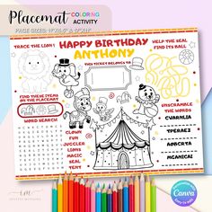 the happy birthday coloring page is next to colored pencils